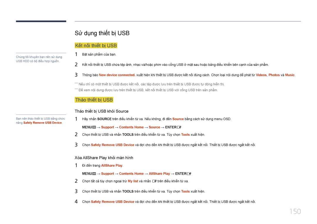 Samsung LH32MDCPLGC/XY, LH46MDCPLGC/XY manual 150, Sư dung thiết bị USB, Kết nối thiết bị USB, Tháo thiết bị USB 