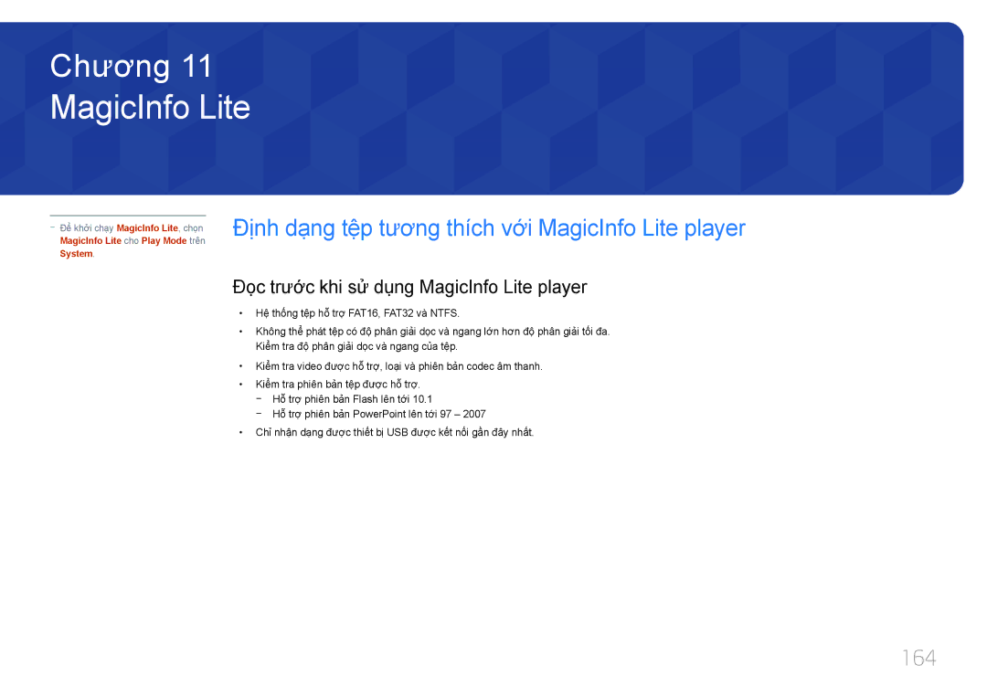 Samsung LH46MDCPLGC/XY, LH55MDCPLGC/XY, LH32MDCPLGC/XY, LH40MDCPLGC/XY 164, Đọ̣c trước khi sử dụng MagicInfo Lite player 