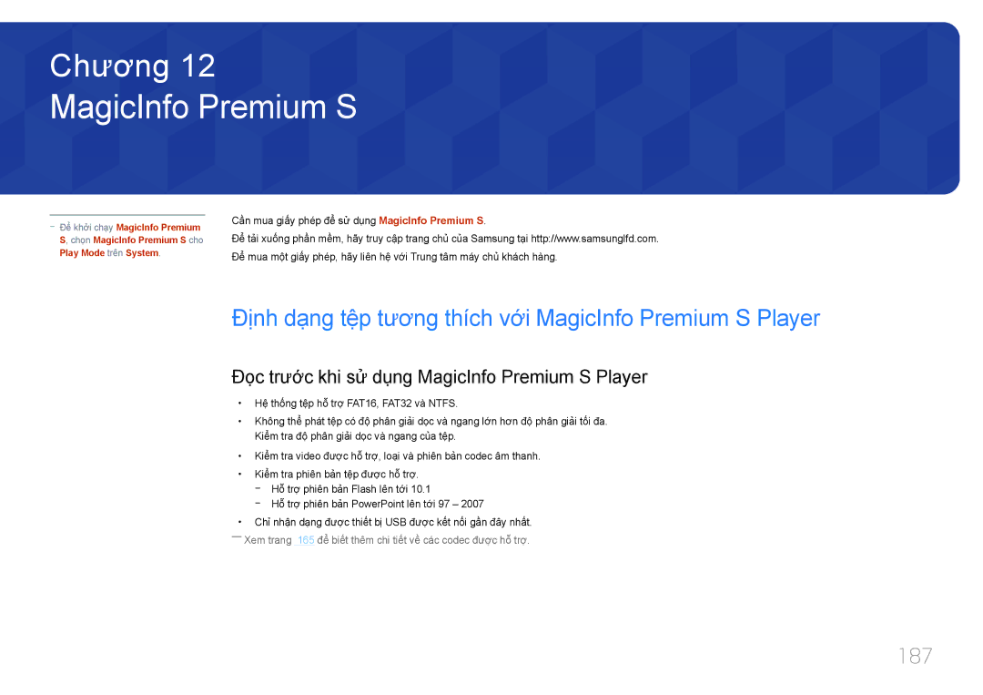 Samsung LH40MDCPLGC/XY, LH46MDCPLGC/XY, LH55MDCPLGC/XY manual 187, Đọ̣c trước khi sử dụng MagicInfo Premium S Player 