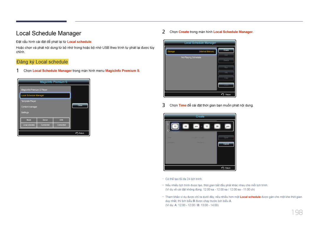 Samsung LH32MDCPLGC/XY, LH46MDCPLGC/XY, LH55MDCPLGC/XY, LH40MDCPLGC/XY manual 198, Local Schedule Manager 