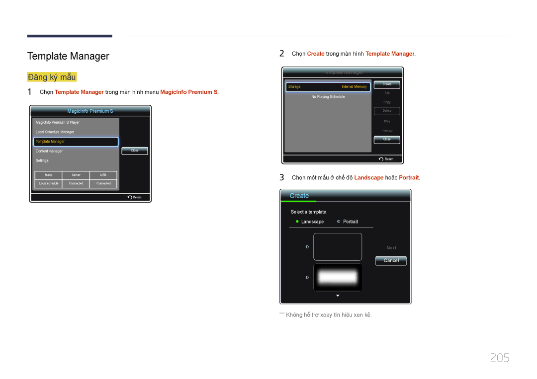 Samsung LH55MDCPLGC/XY, LH46MDCPLGC/XY manual 205, Đăng ký mâu, Chọn Create trong màn hình Template Manager 