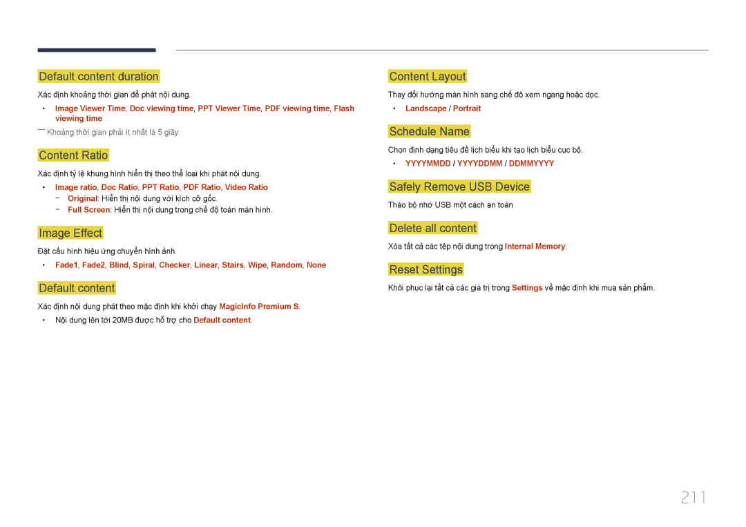 Samsung LH40MDCPLGC/XY, LH46MDCPLGC/XY, LH55MDCPLGC/XY, LH32MDCPLGC/XY manual 211, Default content duration 