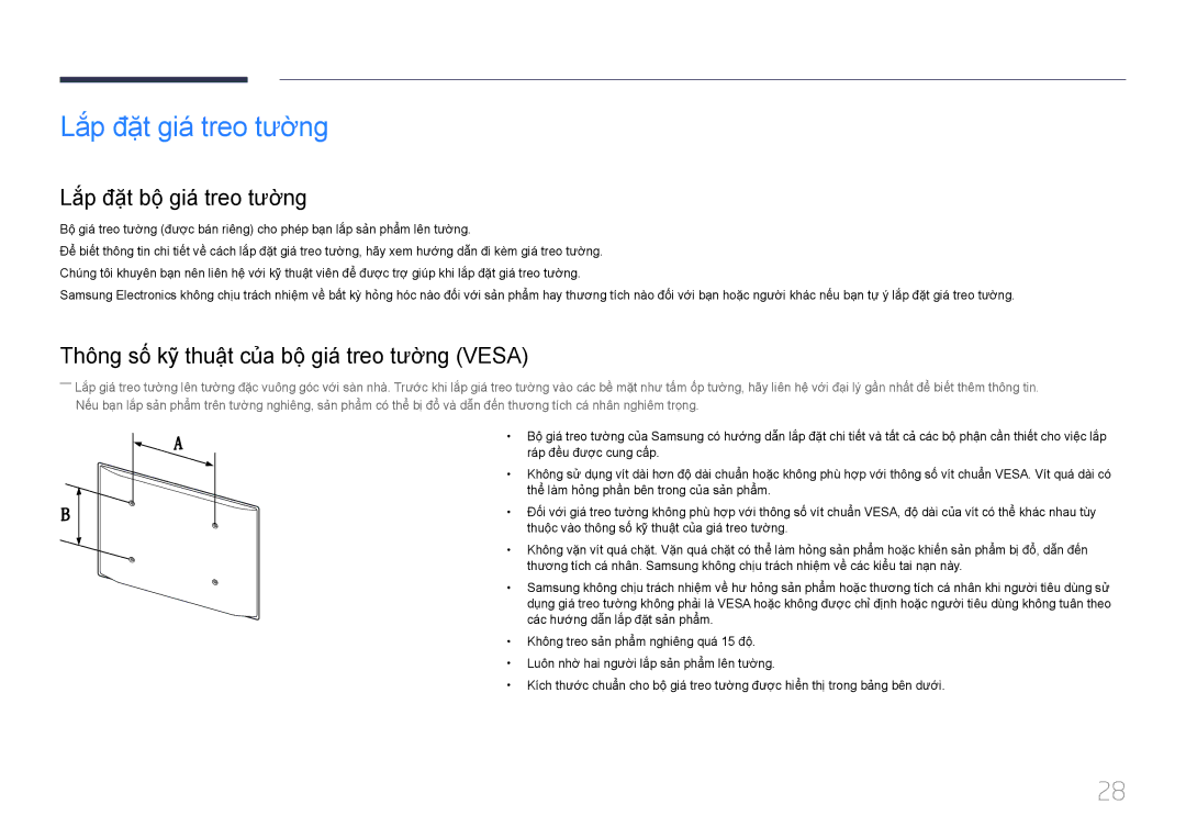 Samsung LH46MDCPLGC/XY, LH55MDCPLGC/XY, LH32MDCPLGC/XY manual Lắp đặt giá treo tường, Lắp đặt bộ giá treo tường 