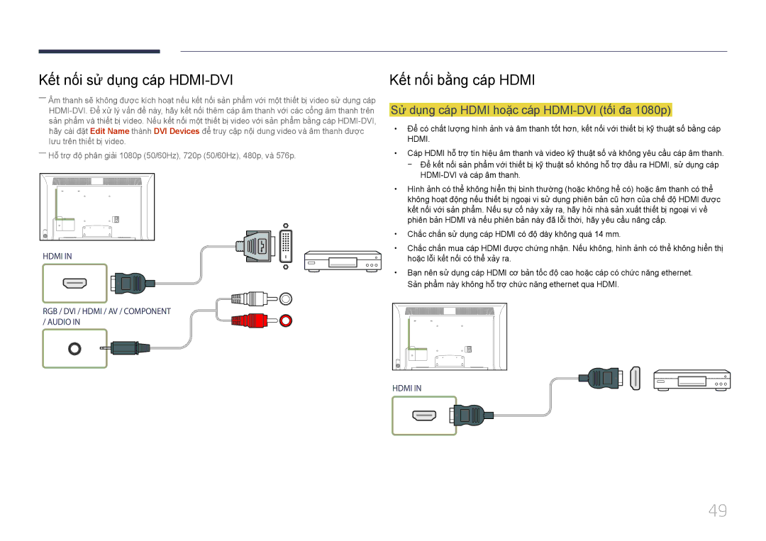 Samsung LH55MDCPLGC/XY, LH46MDCPLGC/XY manual Kết nối bằng cáp Hdmi, Sư dung cáp Hdmi hoặc cáp HDMI-DVI tối đa 1080p 