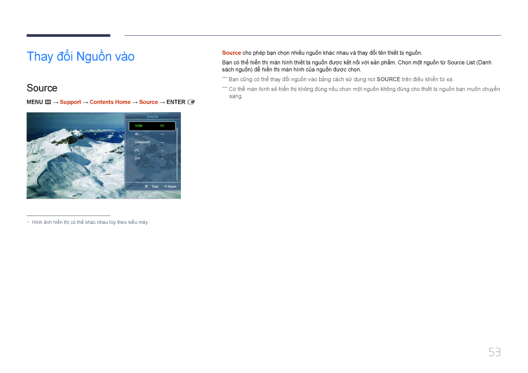 Samsung LH55MDCPLGC/XY, LH46MDCPLGC/XY manual Thay đôi Nguồn vào, Menu m → Support → Contents Home → Source → Enter E 