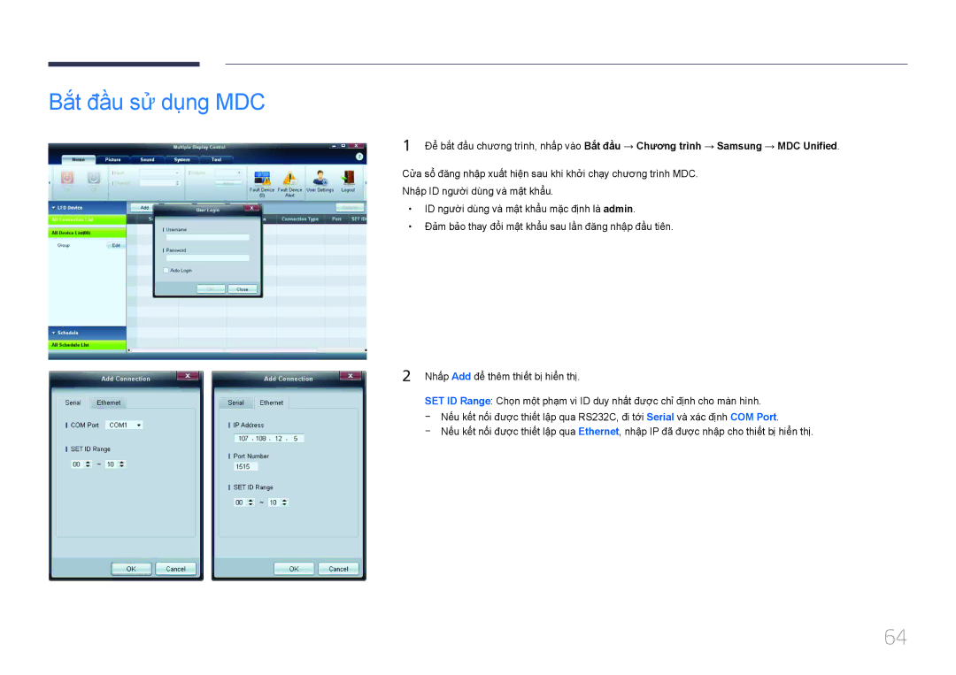 Samsung LH46MDCPLGC/XY, LH55MDCPLGC/XY, LH32MDCPLGC/XY, LH40MDCPLGC/XY manual Bắt đầu sư dung MDC 