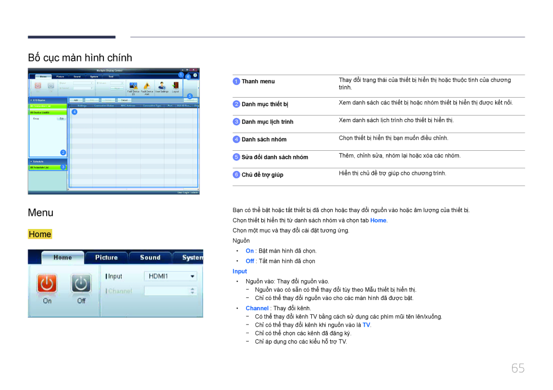 Samsung LH55MDCPLGC/XY, LH46MDCPLGC/XY, LH32MDCPLGC/XY, LH40MDCPLGC/XY manual Bố cuc màn hình chính Menu 