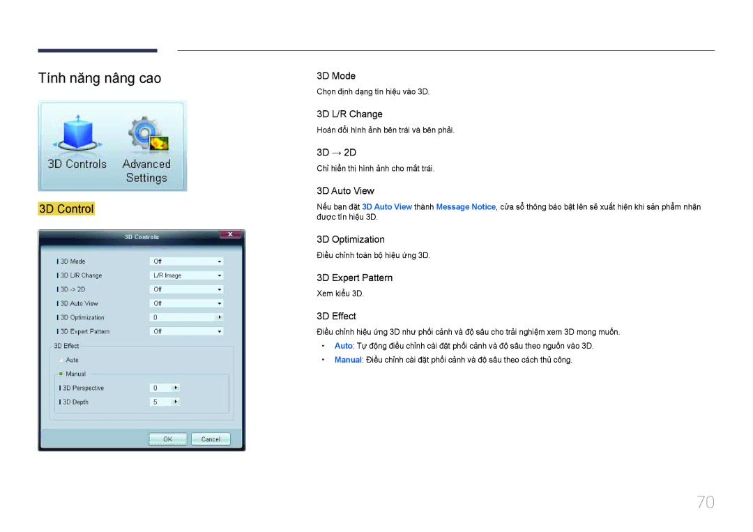 Samsung LH32MDCPLGC/XY, LH46MDCPLGC/XY, LH55MDCPLGC/XY, LH40MDCPLGC/XY manual Tính năng nâng cao, 3D Control 