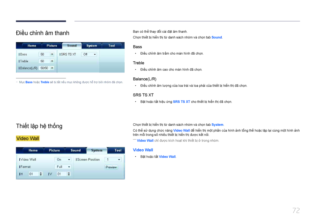 Samsung LH46MDCPLGC/XY manual Điều chỉnh âm thanh, Thiết lập hệ thống, Điều chỉnh âm trầm cho màn hình đã chọn 