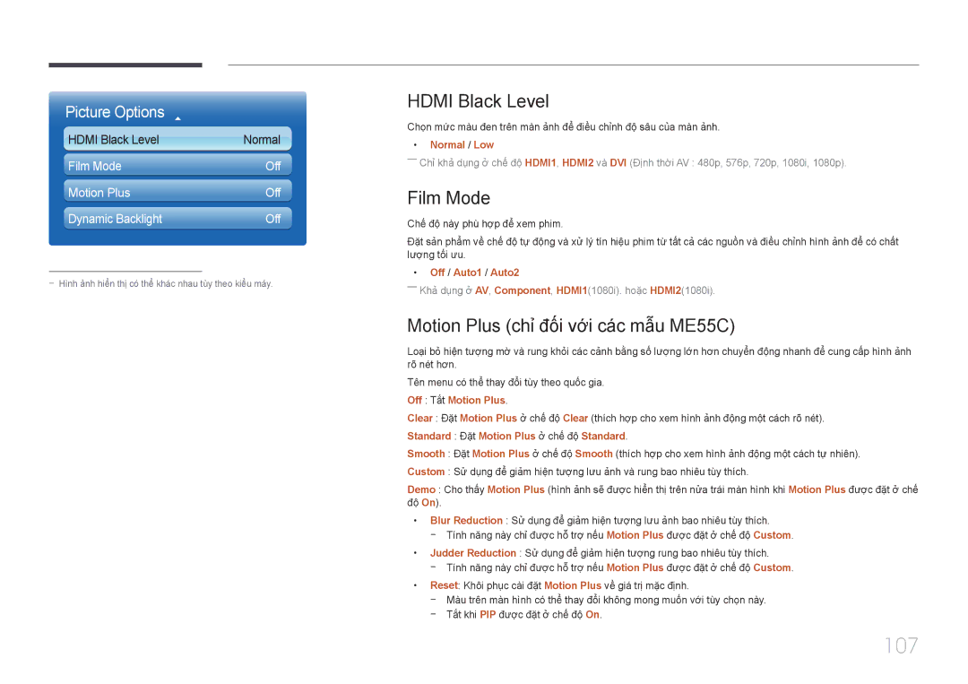 Samsung LH40MECPLGC/XY, LH46MECPLGC/EN manual 107, Hdmi Black Level, Film Mode, Motion Plus chỉ đối vơi các mâu ME55C 