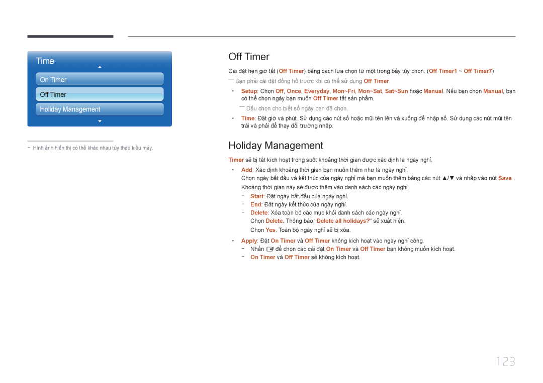 Samsung LH40MECPLGC/XY, LH46MECPLGC/EN, LH55MECPLGC/XY, LH32MECPLGC/XY manual 123, Off Timer, Holiday Management 