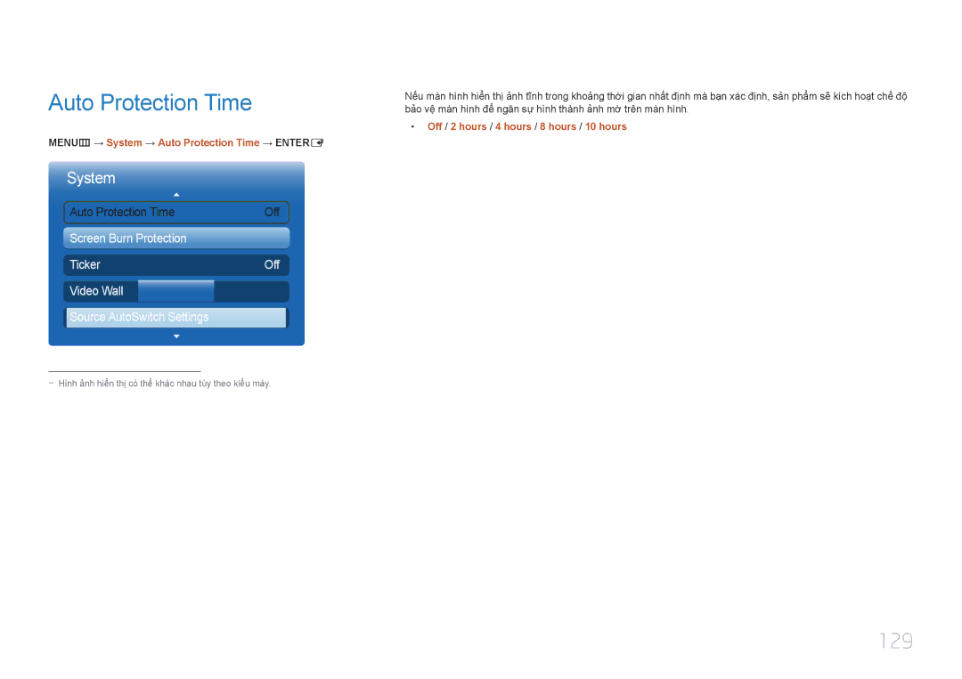 Samsung LH55MECPLGC/XY, LH46MECPLGC/EN, LH32MECPLGC/XY manual 129, MENUm → System → Auto Protection Time → Entere 