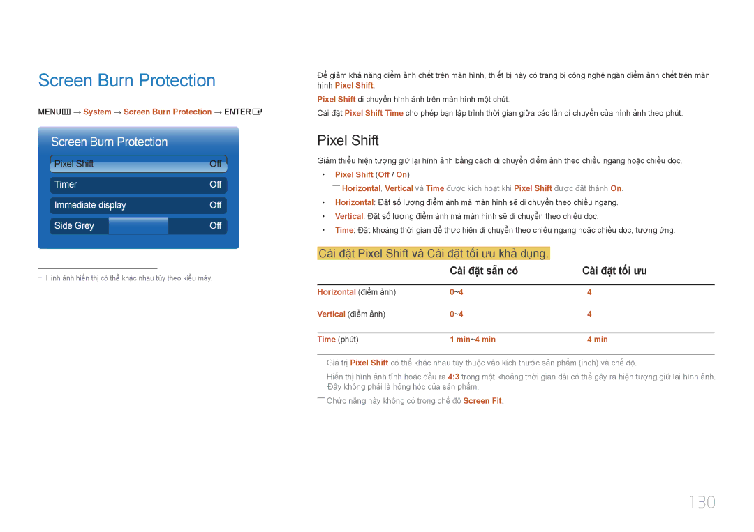Samsung LH32MECPLGC/XY manual Screen Burn Protection, 130, Cài đặt Pixel Shift và Cài đặt tối ưu khả dung 