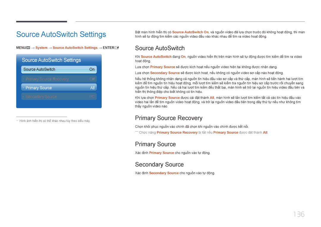 Samsung LH46MECPLGC/EN, LH55MECPLGC/XY, LH32MECPLGC/XY, LH40MECPLGC/XY manual Source AutoSwitch Settings, 136 