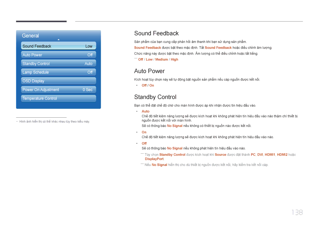 Samsung LH32MECPLGC/XY, LH46MECPLGC/EN, LH55MECPLGC/XY, LH40MECPLGC/XY manual 138, Sound Feedback, Auto Power, Standby Control 