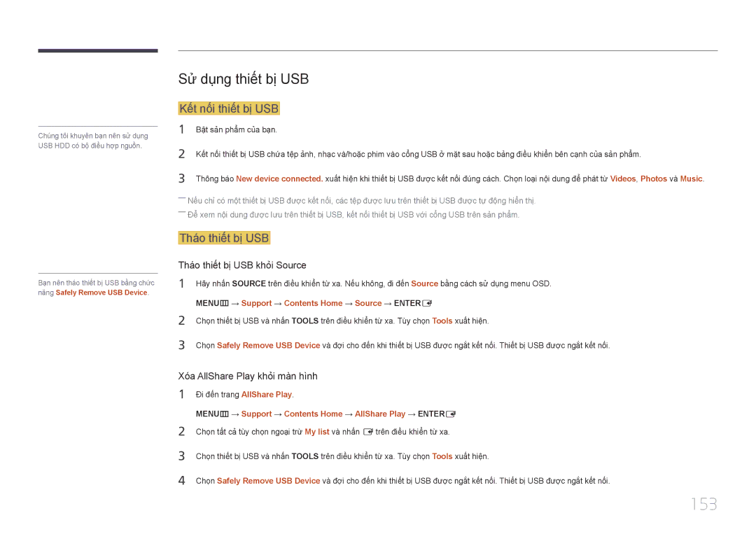 Samsung LH55MECPLGC/XY, LH46MECPLGC/EN manual 153, Sư dung thiết bị USB, Kết nối thiết bị USB, Tháo thiết bị USB 