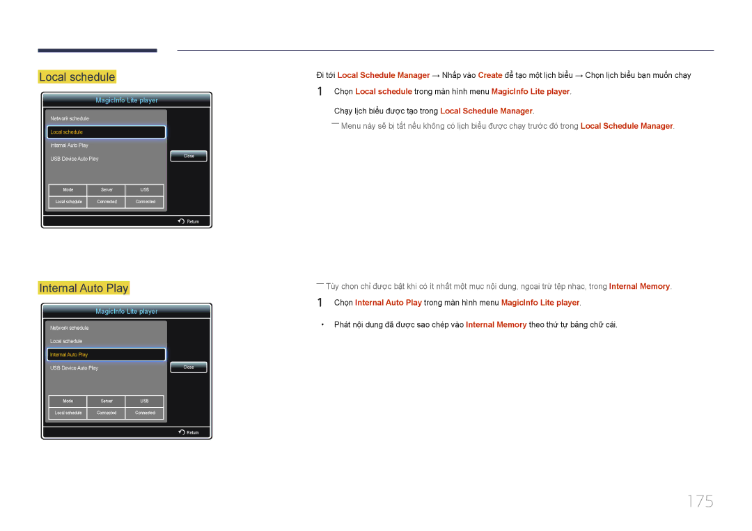 Samsung LH40MECPLGC/XY, LH46MECPLGC/EN, LH55MECPLGC/XY, LH32MECPLGC/XY manual 175, Local schedule, Internal Auto Play 