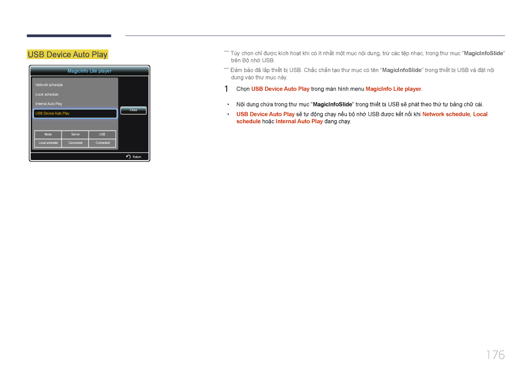 Samsung LH46MECPLGC/EN, LH55MECPLGC/XY, LH32MECPLGC/XY, LH40MECPLGC/XY manual 176, USB Device Auto Play 