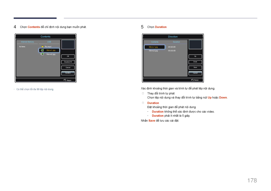 Samsung LH32MECPLGC/XY, LH46MECPLGC/EN manual 178, Chọn Contents để chỉ định nội dung bạn muốn phát, Chọn Duration 