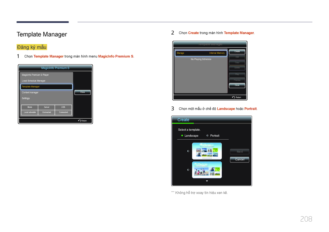 Samsung LH46MECPLGC/EN, LH55MECPLGC/XY manual 208, Đăng ký mâu, Chọn Create trong màn hình Template Manager 