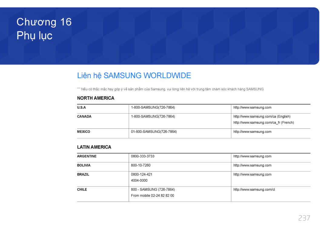 Samsung LH55MECPLGC/XY, LH46MECPLGC/EN, LH32MECPLGC/XY, LH40MECPLGC/XY manual Phu luc, Liên hệ̣ Samsung Worldwide, 237 