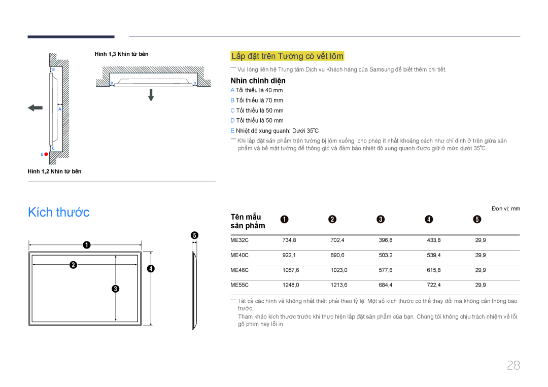 Samsung LH46MECPLGC/EN manual Kích thươc, Lắ́p đặ̣t trên Tườ̀ng có́ vế́t lõm, Nhìn chính diện, Tên mẫu Sản phẩm 