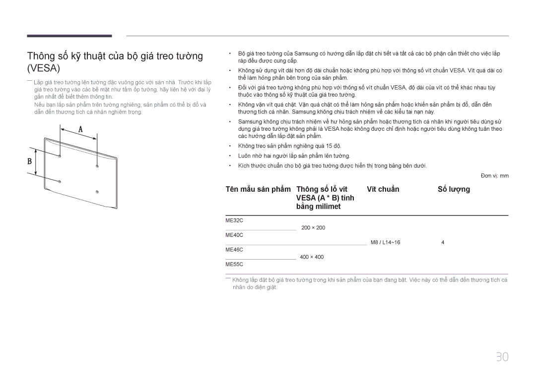 Samsung LH32MECPLGC/XY, LH46MECPLGC/EN, LH55MECPLGC/XY, LH40MECPLGC/XY Thông số kỹ thuật của bộ giá treo tường Vesa 