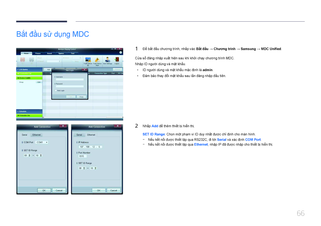 Samsung LH32MECPLGC/XY, LH46MECPLGC/EN, LH55MECPLGC/XY, LH40MECPLGC/XY manual Bắt đầu sư dung MDC 