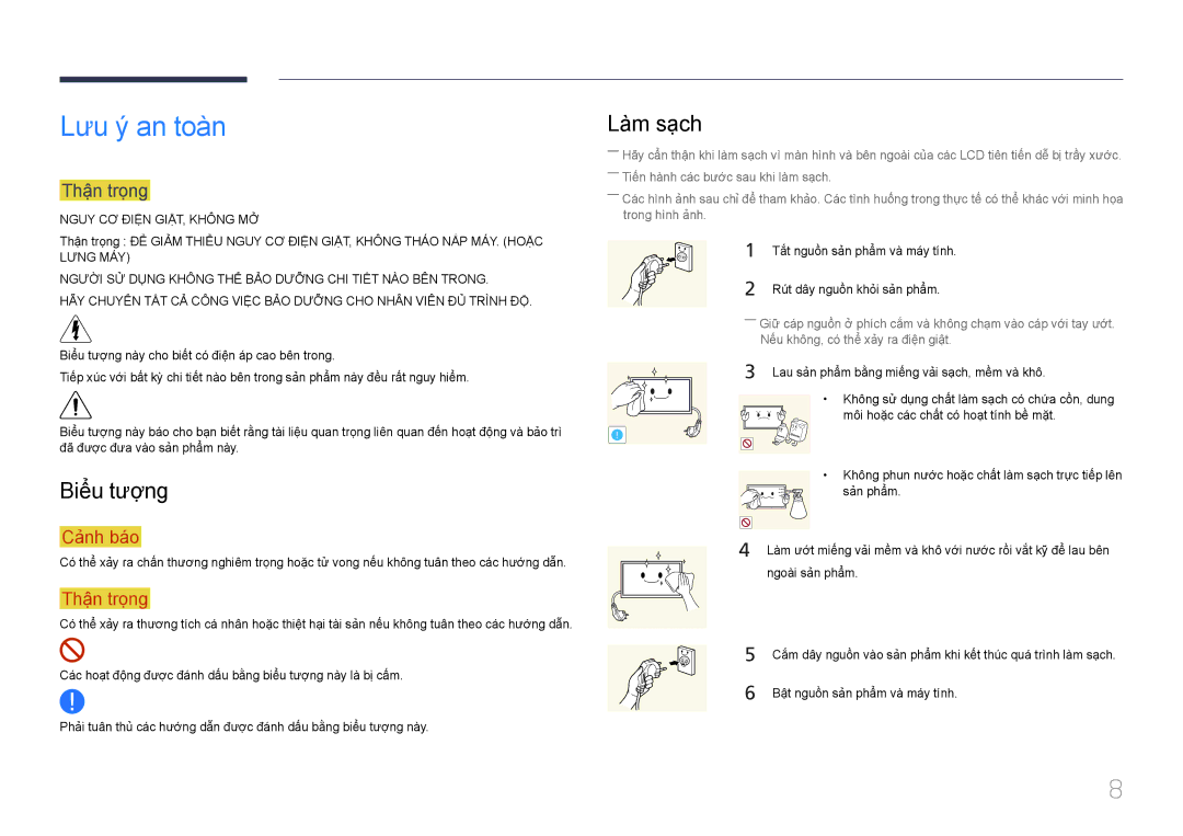 Samsung LH46MECPLGC/EN manual Lưu ý an toàn, Làm sạch, Biểu tượng, Thận trọng, Rút dây nguồn khỏi sản phẩm 