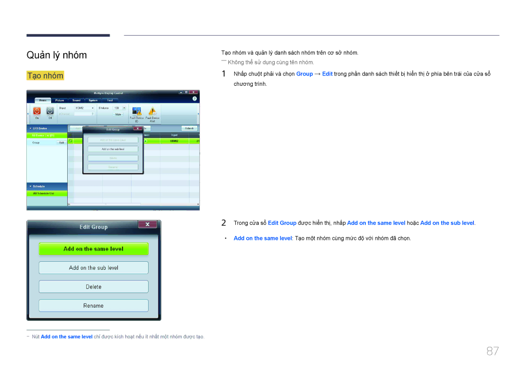 Samsung LH40MECPLGC/XY, LH46MECPLGC/EN, LH55MECPLGC/XY, LH32MECPLGC/XY manual Quản lý nhóm, Tạo nhóm 