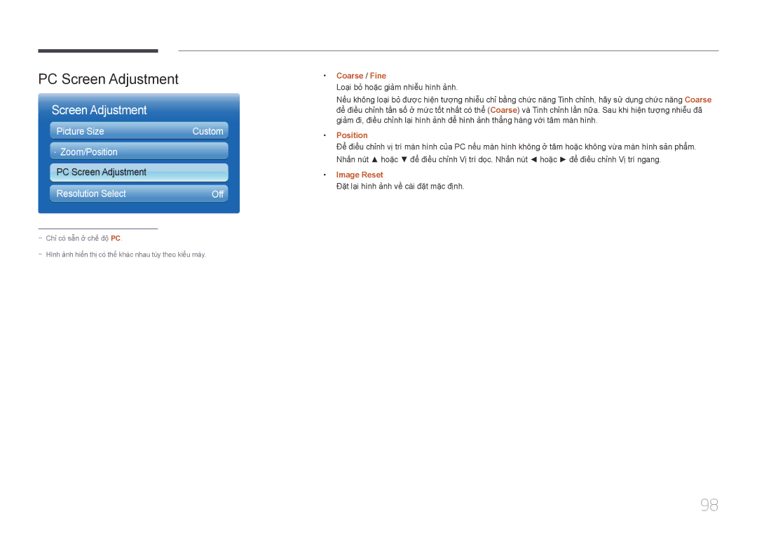 Samsung LH32MECPLGC/XY, LH46MECPLGC/EN, LH55MECPLGC/XY manual PC Screen Adjustment, Coarse / Fine, Position, Image Reset 