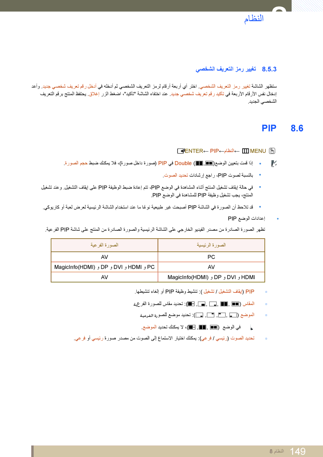 Samsung LH40MEPLGC/XY manual Pip, يصخشلا فيرعتلا زمر رييغت, ENTER← PIP←ماظنلا← mMENU O, ةيعرفلا ةروصلا ةيسيئرلا ةروصلا 