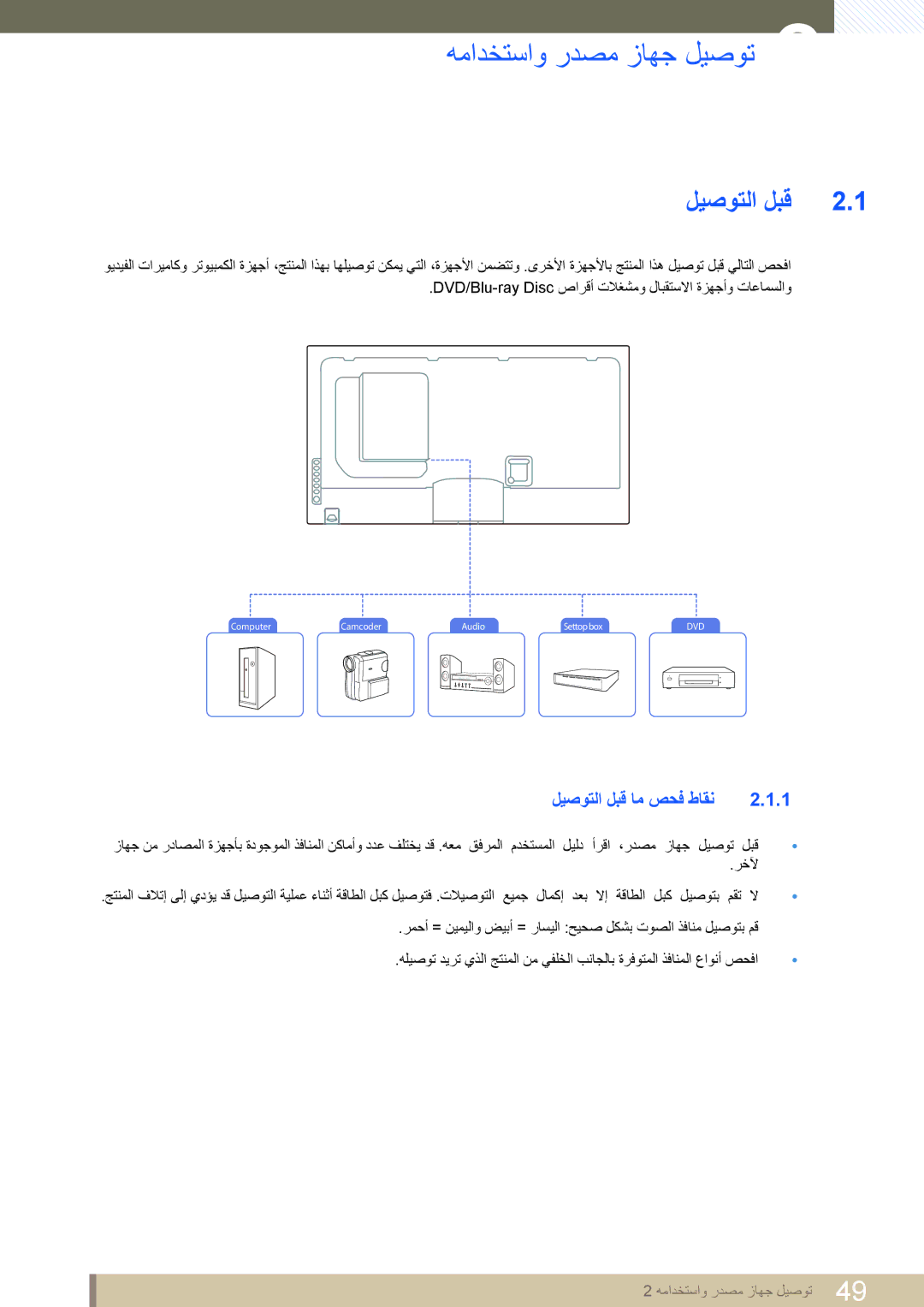 Samsung LH55MEPLGC/EN, LH46MEPLGC/EN, LH40MEPLGC/EN, LH46UEAPLGC/EN همادختساو ردصم زاهج ليصوت, ليصوتلا لبق ام صحف طاقن 