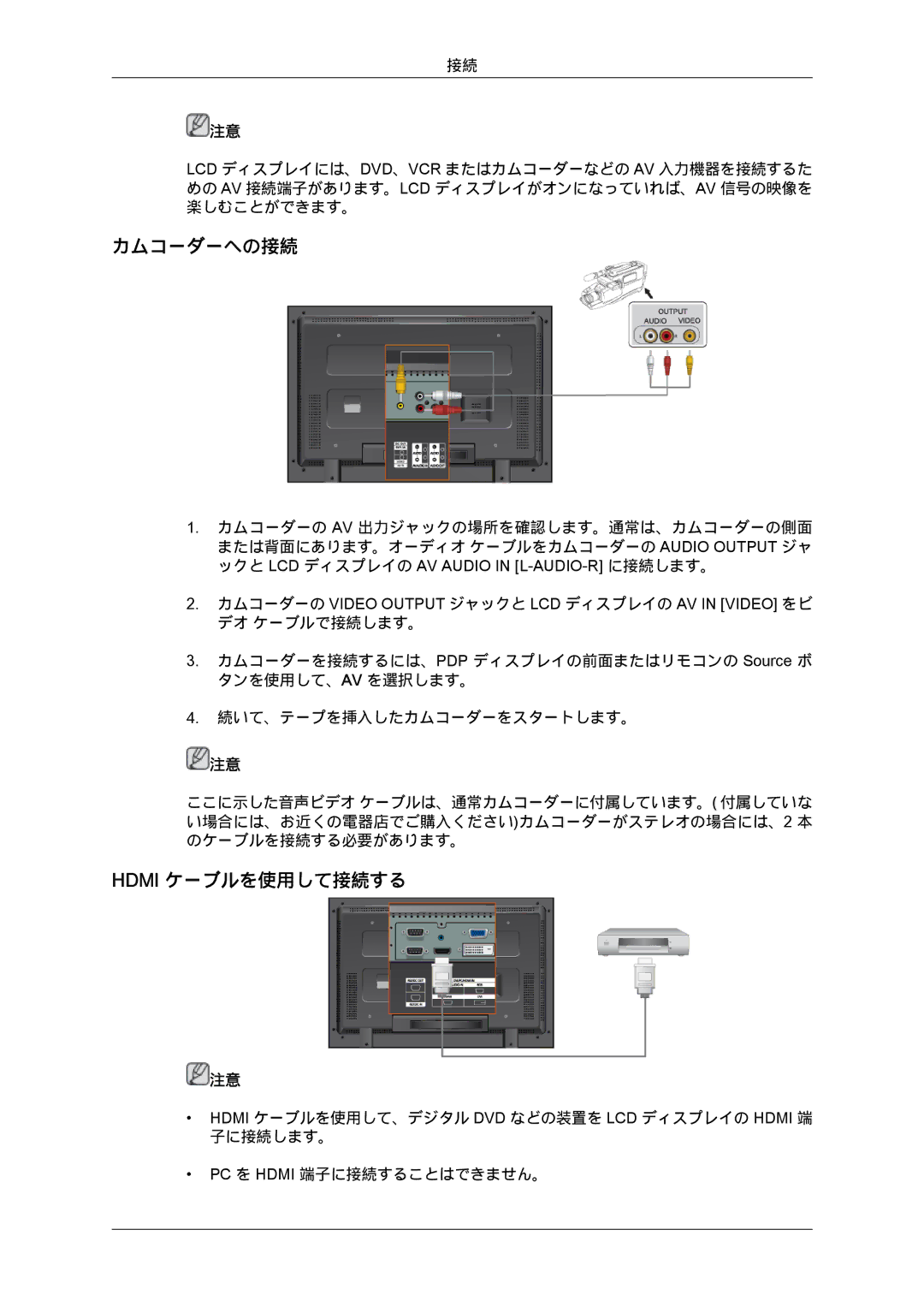 Samsung LH46MGPLBC/XJ, LH40MGTPBC/XJ, LH46MGTPBC/XJ, LH46MGTLBC/XJ, LH40MGTLBC/XJ manual カムコーダーへの接続, Hdmi ケーブルを使用して接続する 