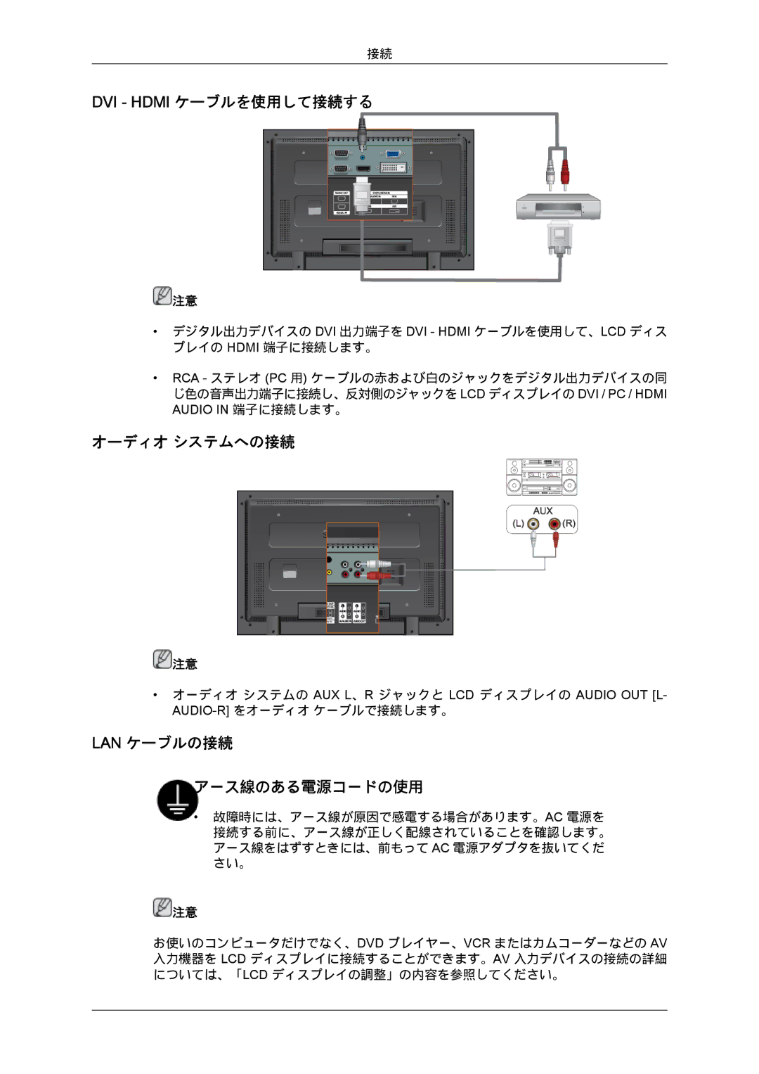 Samsung LH40MGTPBC/XJ, LH46MGPLBC/XJ, LH46MGTPBC/XJ, LH46MGTLBC/XJ manual DVI Hdmi ケーブルを使用して接続する, オーディオ システムへの接続, Lan ケーブルの接続 