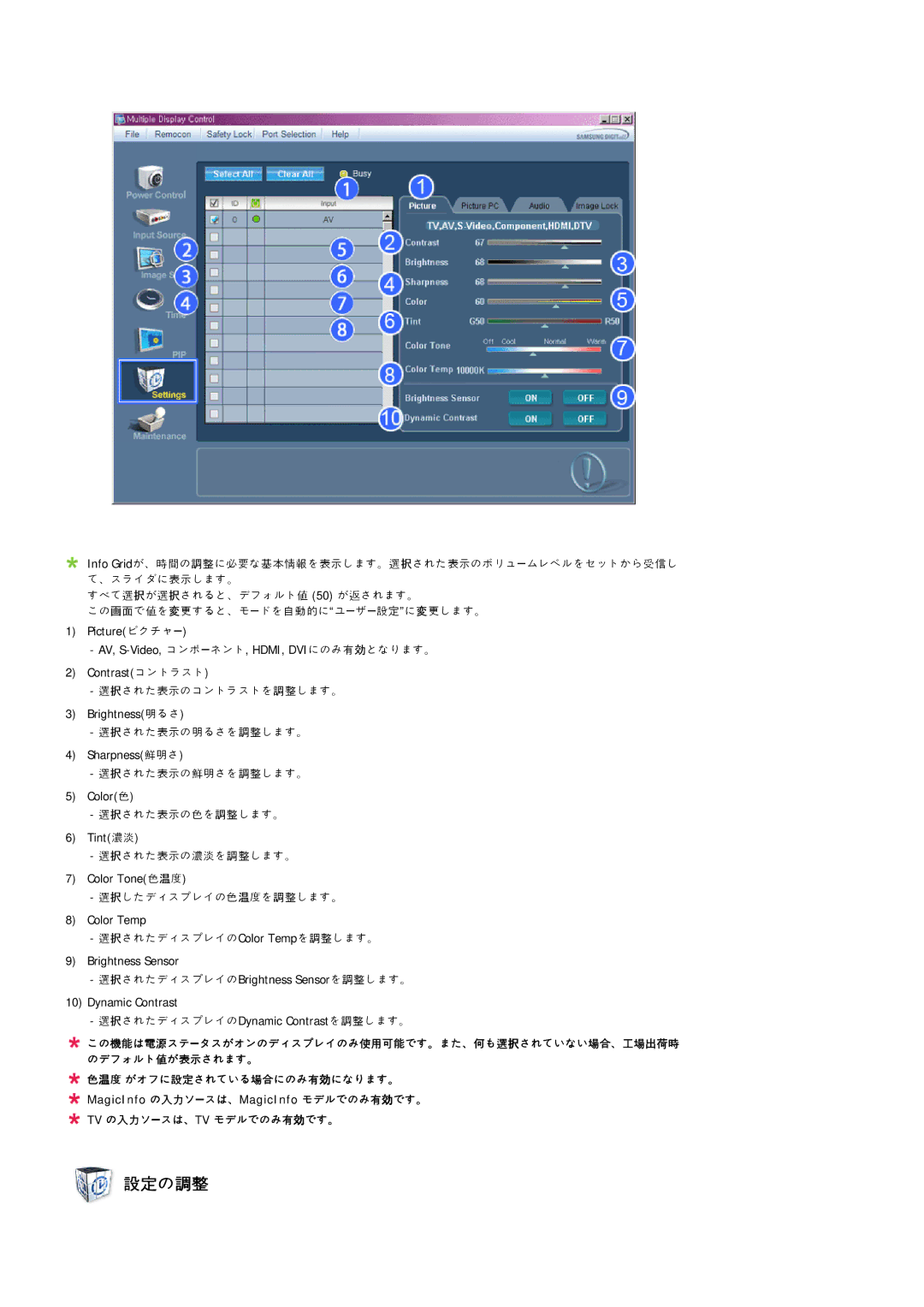 Samsung LH40MGPLBC/XJ, LH46MGPLBC/XJ, LH40MGTPBC/XJ, LH46MGTPBC/XJ, LH46MGTLBC/XJ, LH40MGTLBC/XJ manual 設設の調調, Dynamic Contrast 