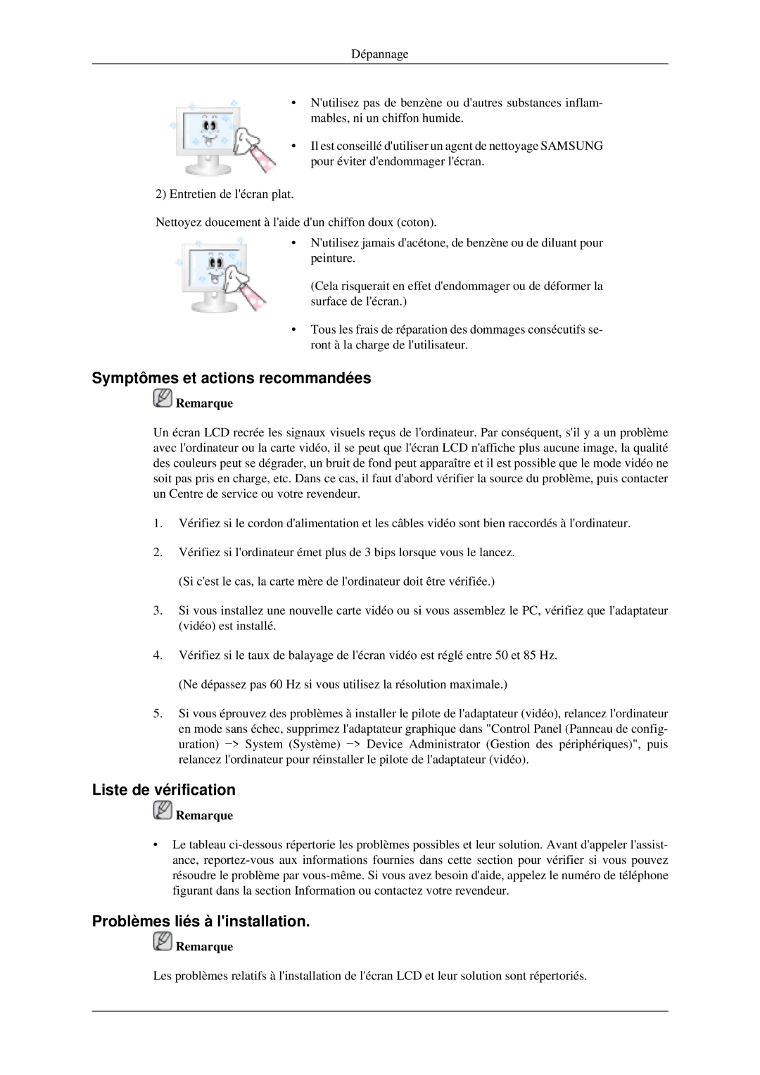 Samsung LH40MGTLGD/EN manual Symptômes et actions recommandées, Liste de vérification, Problèmes liés à linstallation 