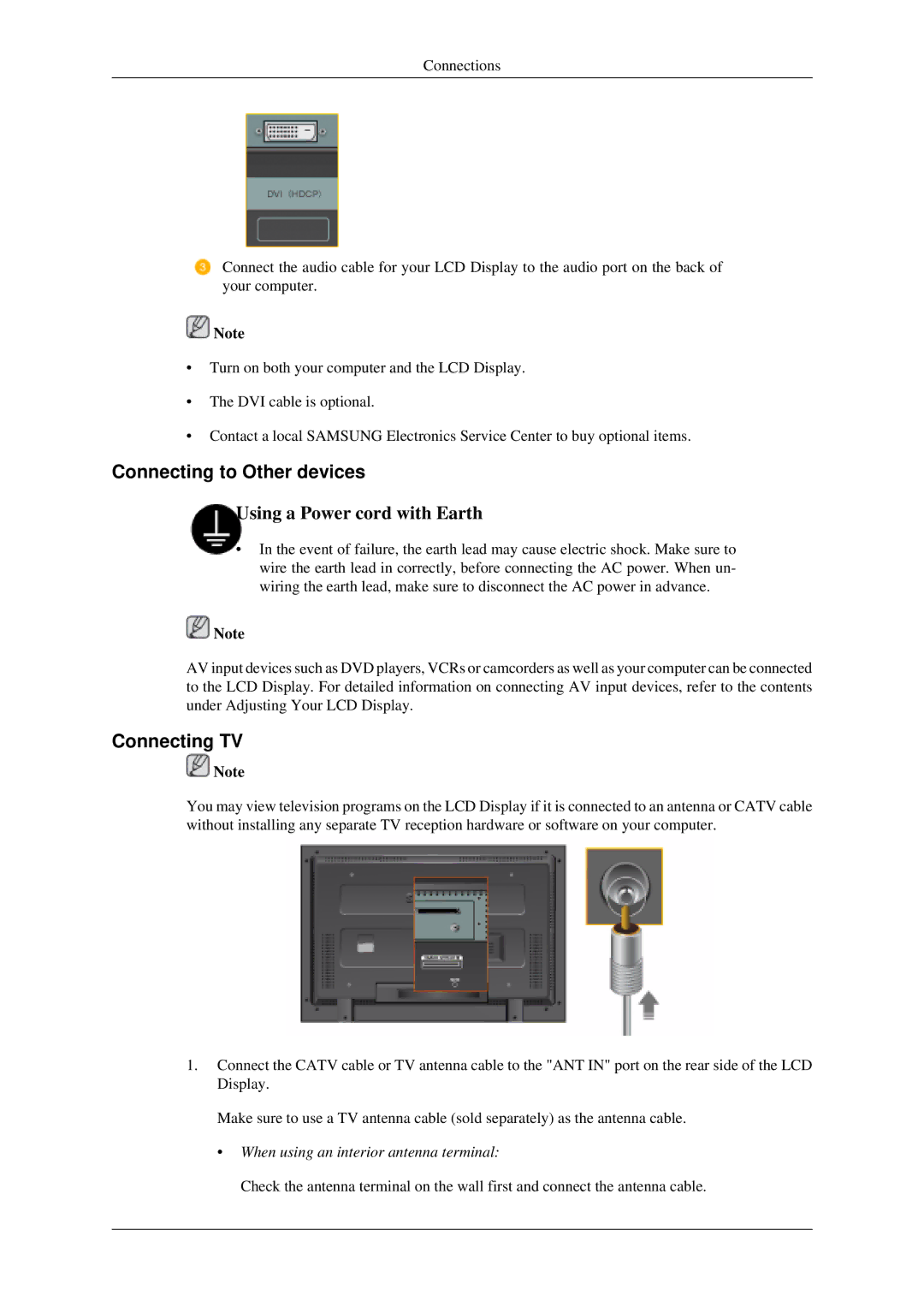 Samsung LH46MGPLGD/EN, LH40MGPLGD/EN Connecting to Other devices, Connecting TV, When using an interior antenna terminal 