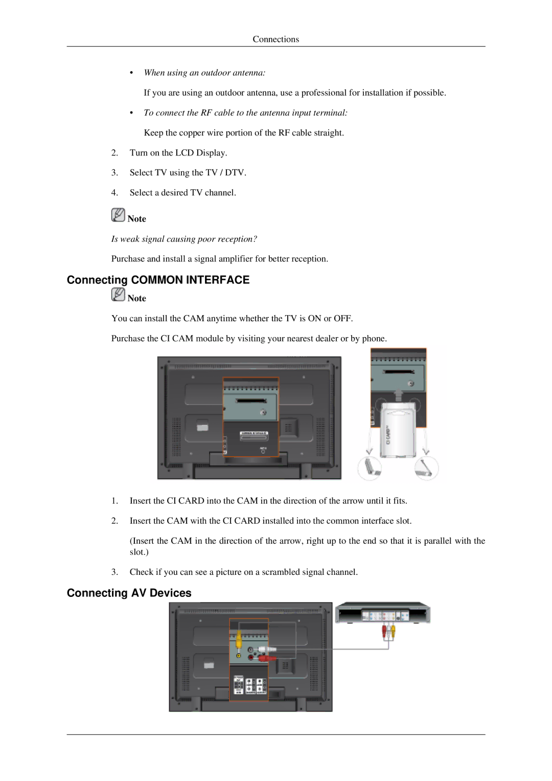 Samsung LH40MGPLGD/EN, LH46MGPLGD/EN Connecting Common Interface, Connecting AV Devices, When using an outdoor antenna 