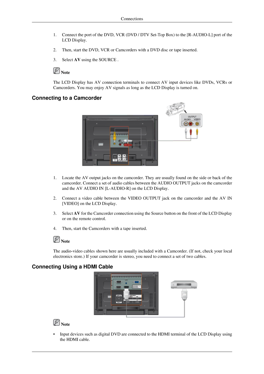 Samsung LH40MGTLGD/EN, LH46MGPLGD/EN, LH40MGPLGD/EN, LH46MGTLGD/EN Connecting to a Camcorder, Connecting Using a Hdmi Cable 