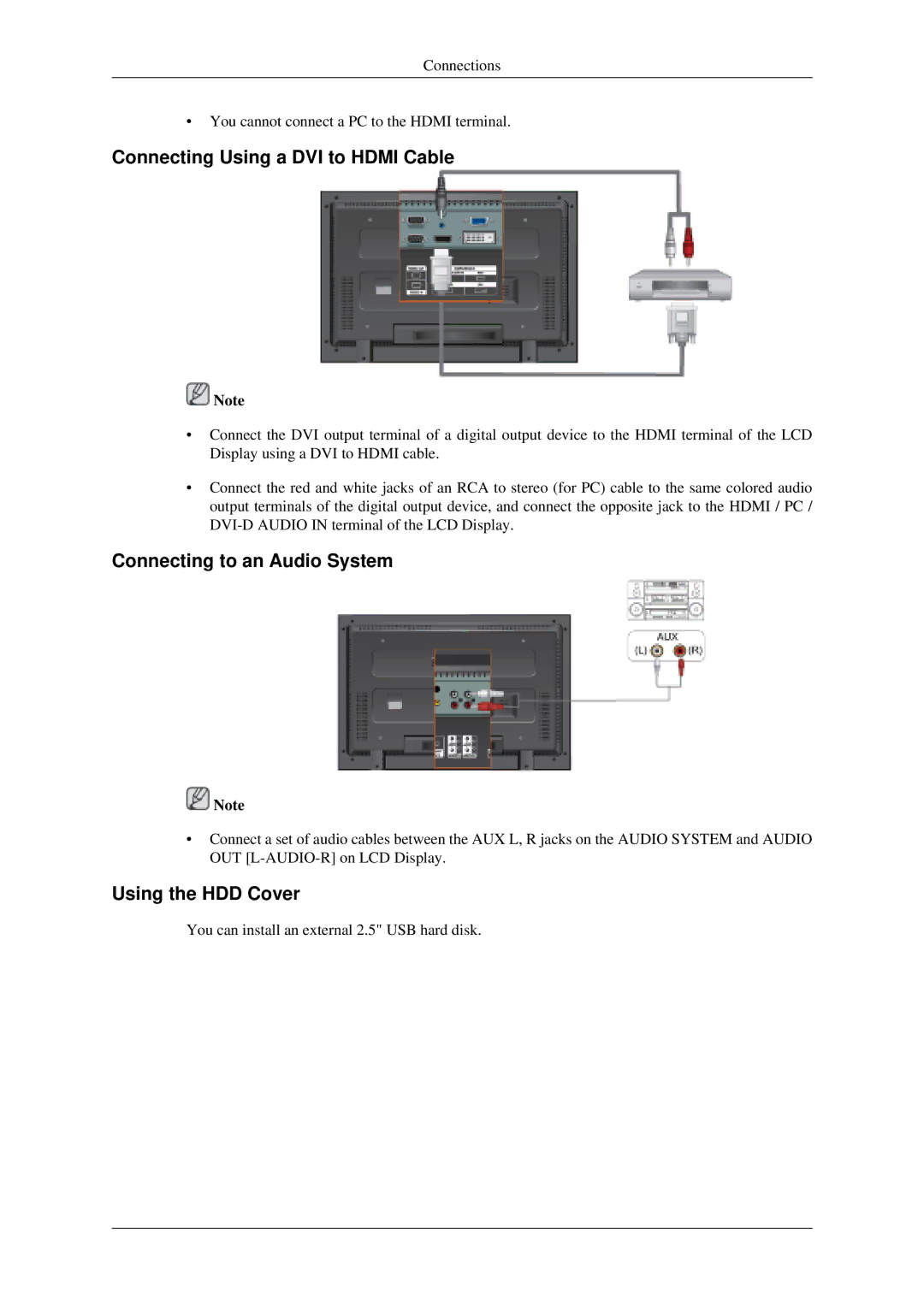 Samsung LH46MGTLGD/EN manual Connecting Using a DVI to Hdmi Cable, Connecting to an Audio System, Using the HDD Cover 