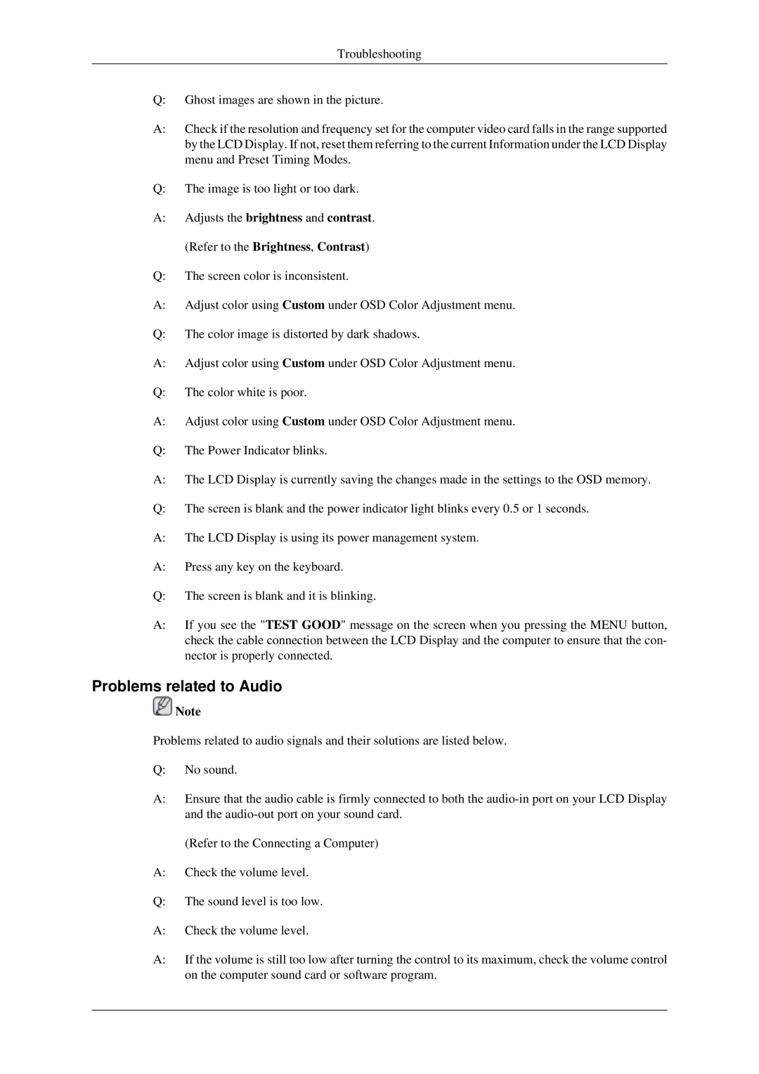 Samsung LH46MGPLGD/EN, LH40MGPLGD/EN, LH40MGTLGD/EN, LH46MGTLGD/EN manual Problems related to Audio 