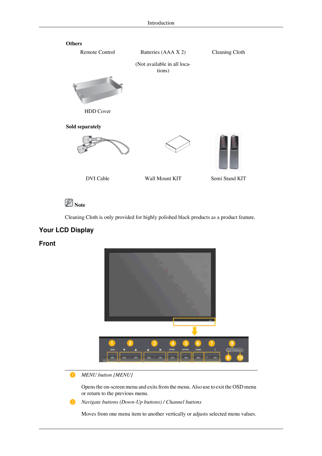 Samsung LH46MGTLGD/EN manual Your LCD Display Front, Menu button Menu, Navigate buttons Down-Up buttons / Channel buttons 