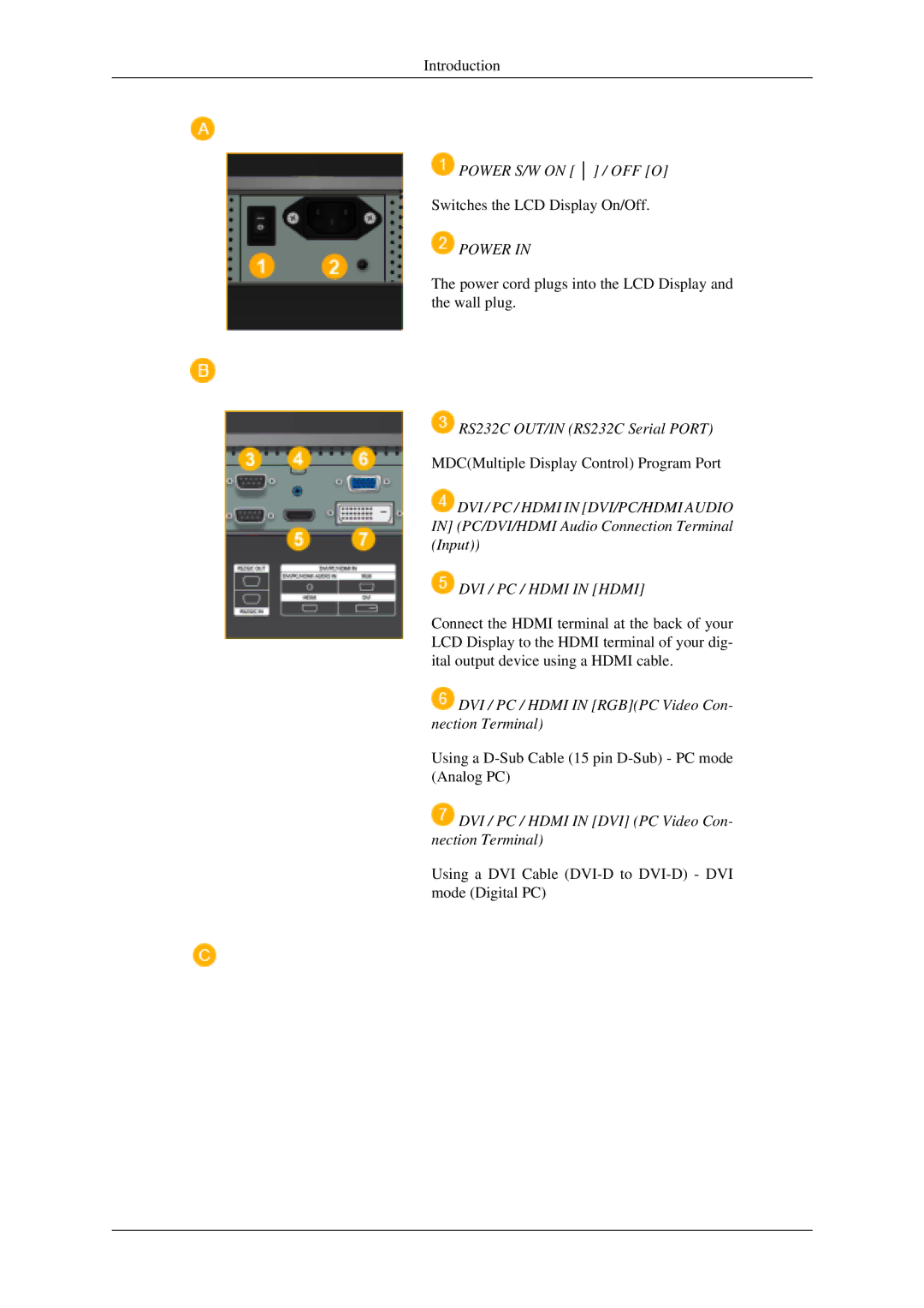 Samsung LH40MGPLGD/EN, LH46MGPLGD/EN, LH40MGTLGD/EN, LH46MGTLGD/EN manual Power, DVI / PC / Hdmi in Hdmi 