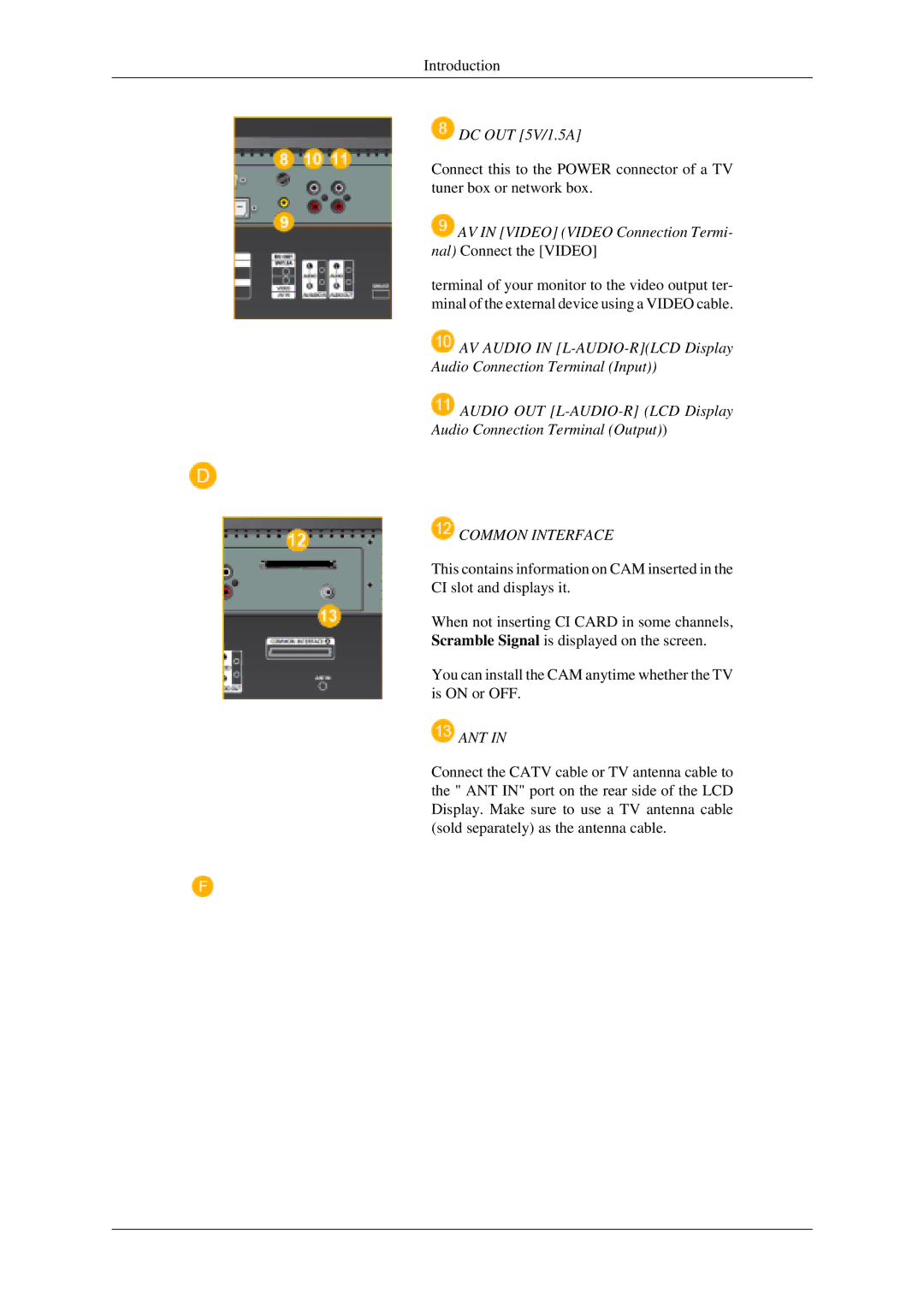 Samsung LH40MGTLGD/EN DC OUT 5V/1.5A, AV in Video Video Connection Termi- nal Connect the Video, Common Interface, Ant 