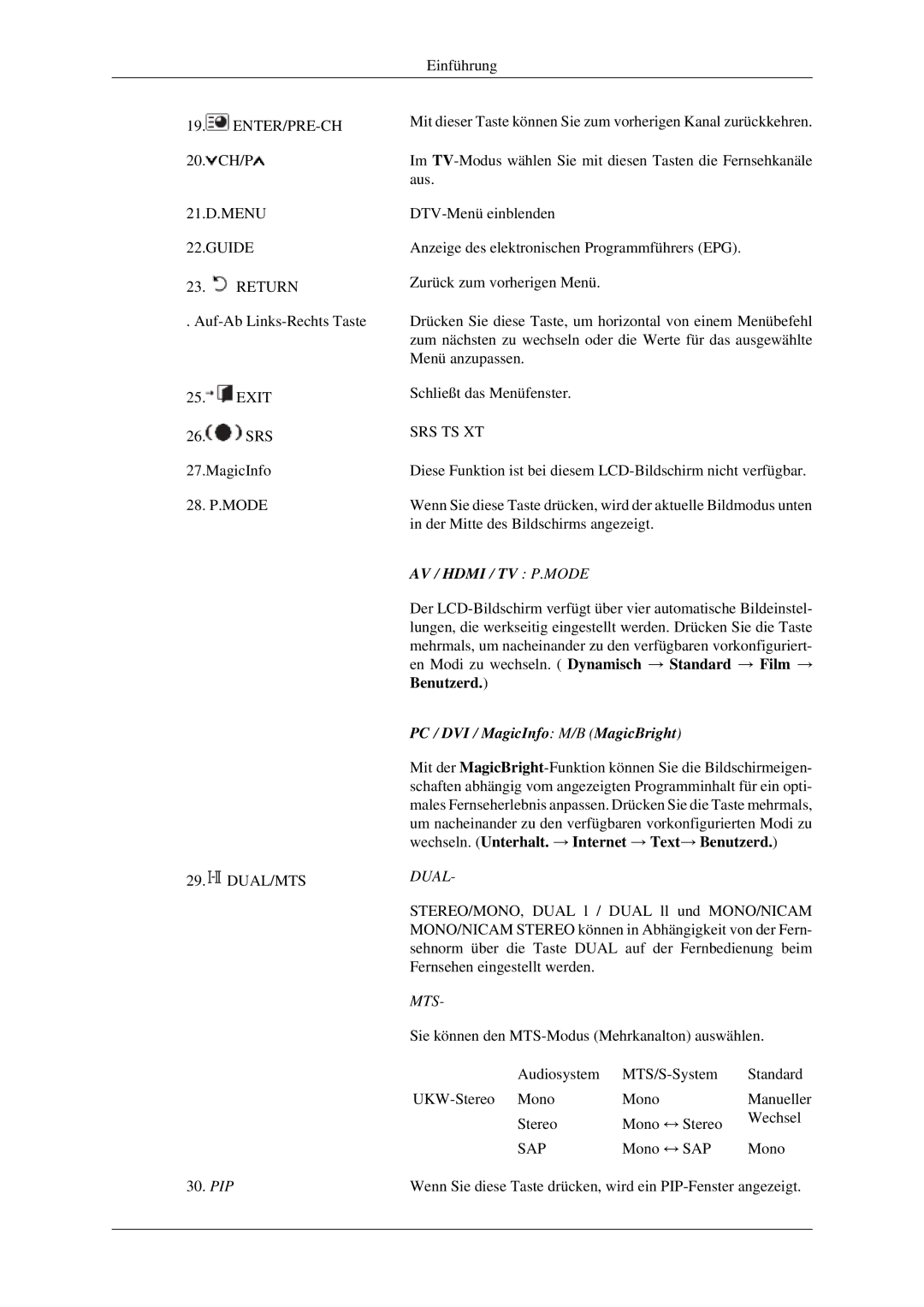 Samsung LH40MGTLGD/EN manual AV / Hdmi / TV P.MODE, Dual, Mts, Sie können den MTS-Modus Mehrkanalton auswählen, Sap 