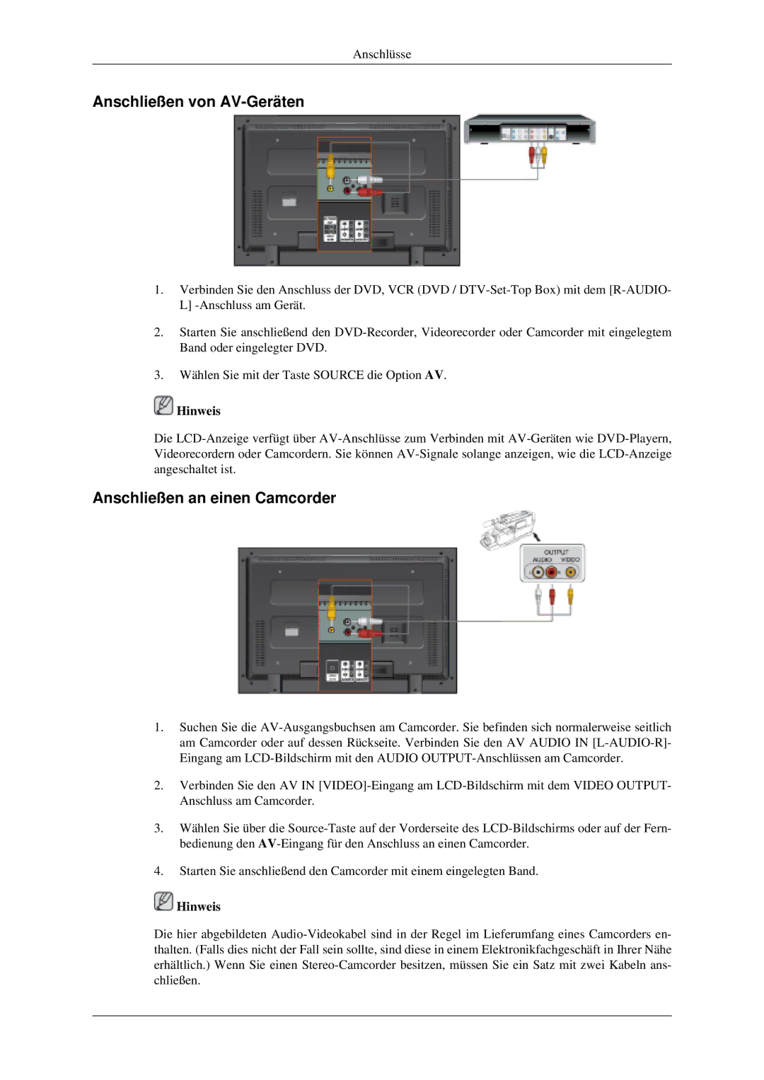 Samsung LH40MGTLGD/EN, LH46MGPLGD/EN, LH40MGPLGD/EN manual Anschließen von AV-Geräten, Anschließen an einen Camcorder 