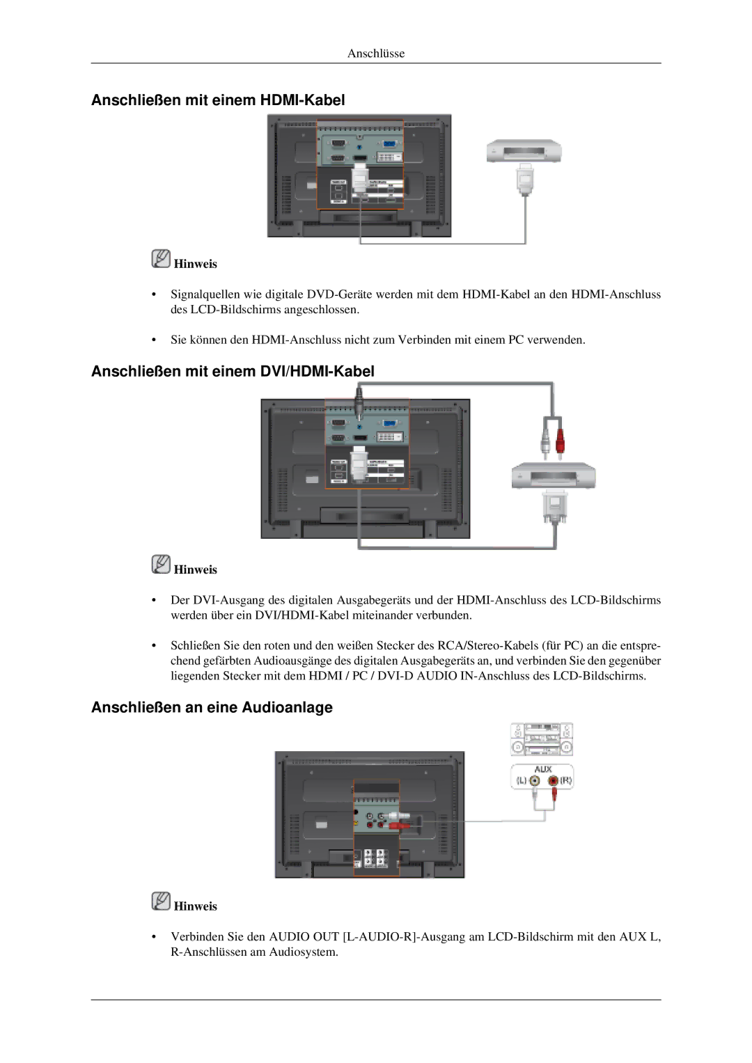 Samsung LH46MGTLGD/EN, LH46MGPLGD/EN, LH40MGPLGD/EN Anschließen mit einem HDMI-Kabel, Anschließen mit einem DVI/HDMI-Kabel 