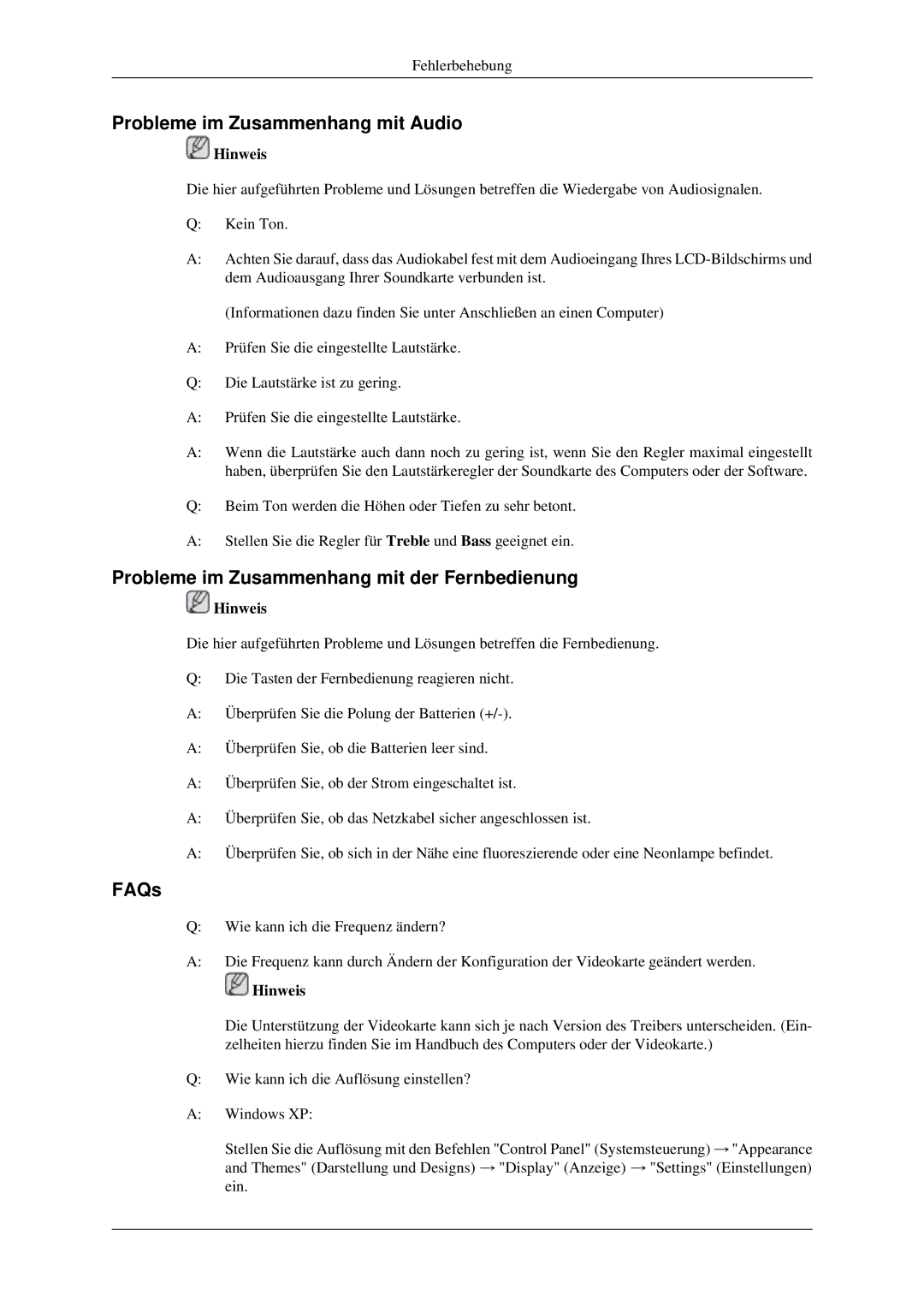 Samsung LH40MGPLGD/EN manual Probleme im Zusammenhang mit Audio, Probleme im Zusammenhang mit der Fernbedienung, FAQs 