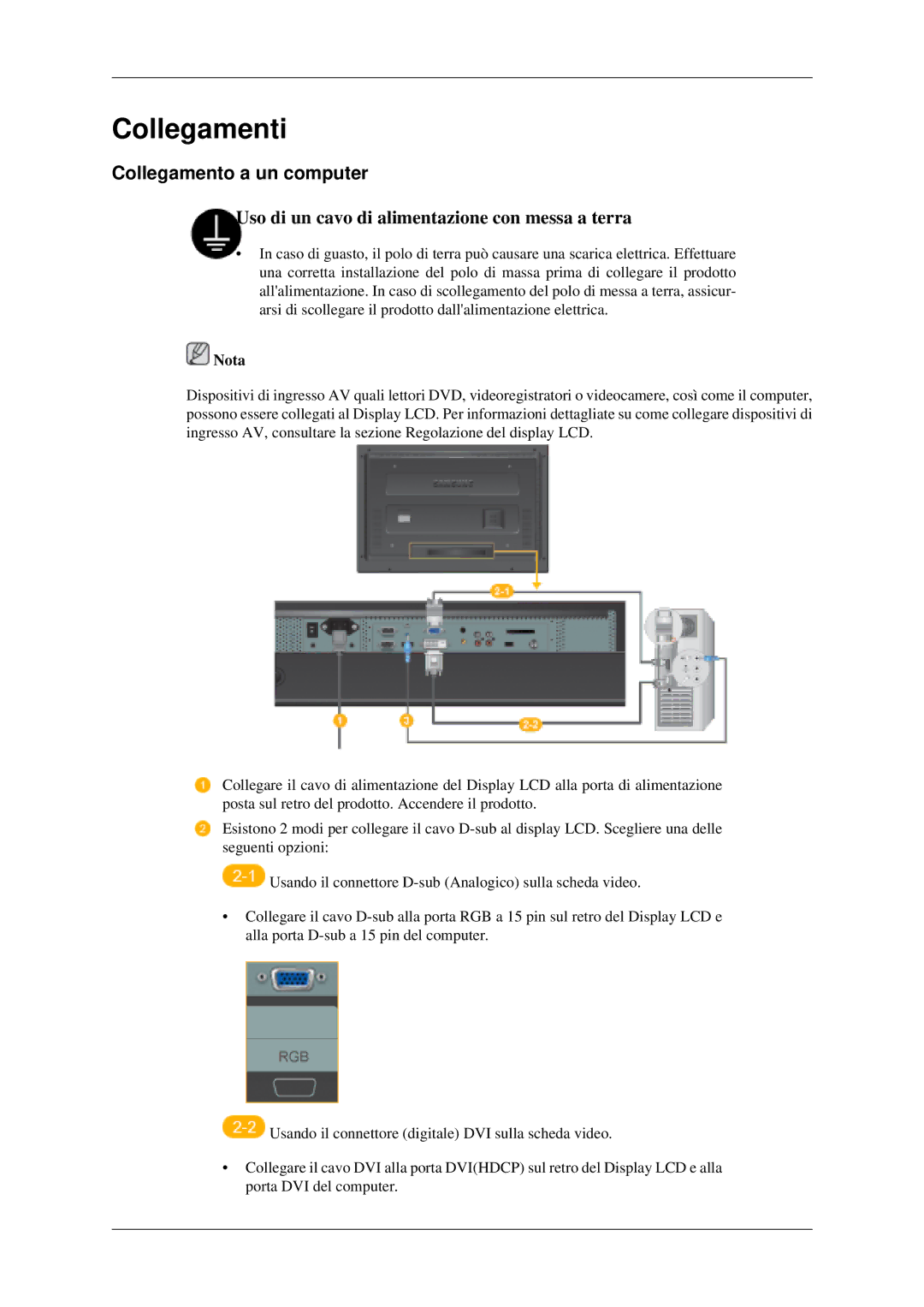 Samsung LH46MGTLGD/EN, LH46MGPLGD/EN, LH40MGPLGD/EN, LH40MGTLGD/EN manual Collegamenti, Collegamento a un computer 